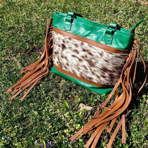 TEAL LEATHER/COWHIDE SHORT TOTE